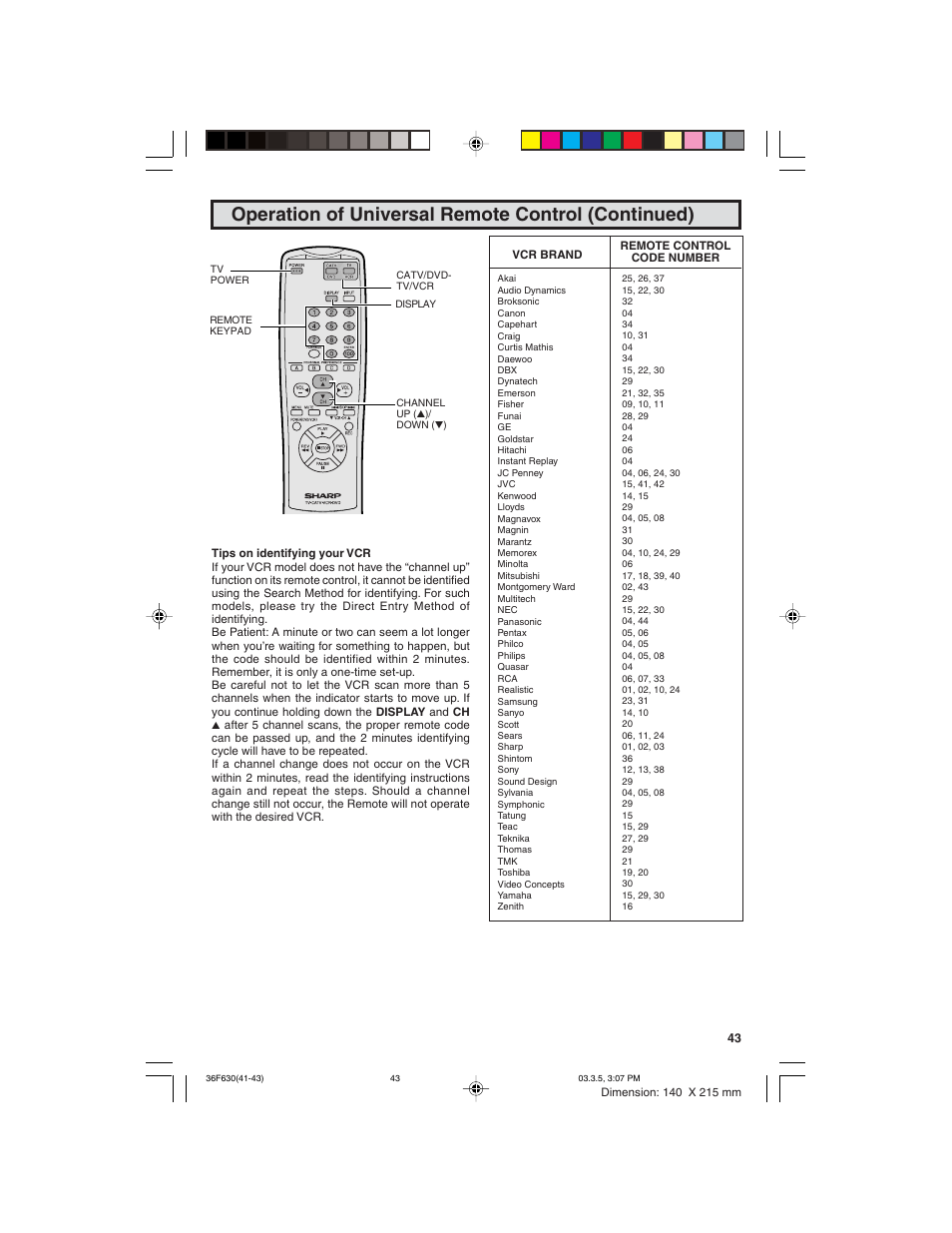 Operation of universal remote control (continued) | Sharp 36F630 User Manual | Page 43 / 60