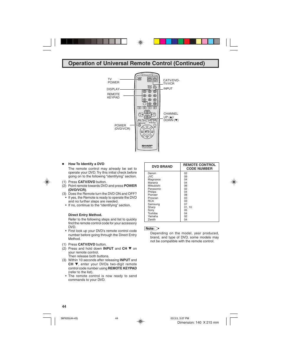 Operation of universal remote control (continued) | Sharp 36F630 User Manual | Page 44 / 60