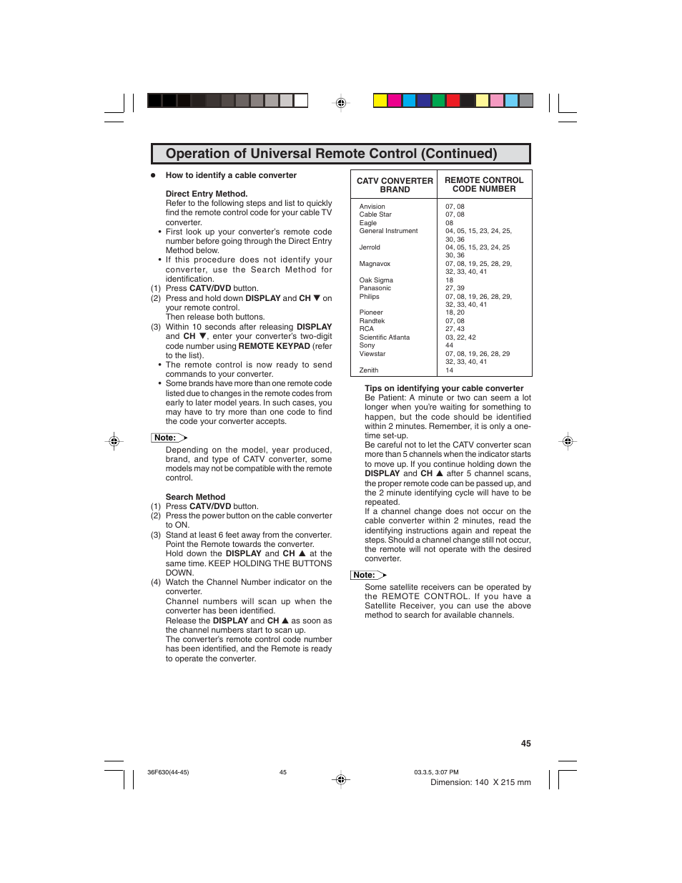 Operation of universal remote control (continued) | Sharp 36F630 User Manual | Page 45 / 60