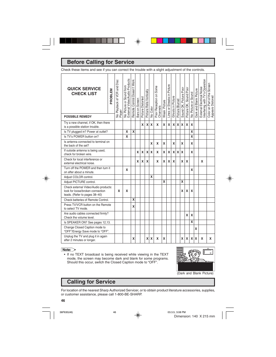 Before calling for service, Calling for service, Quick service check list | Sharp 36F630 User Manual | Page 46 / 60