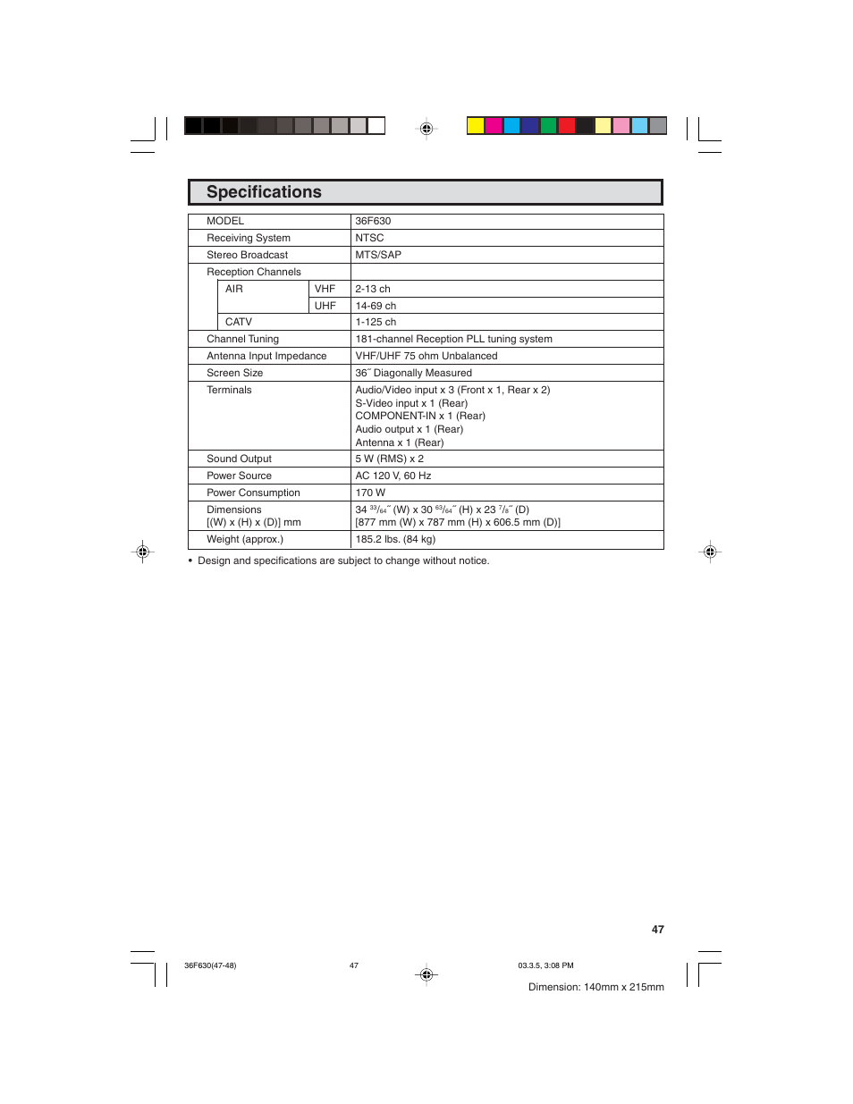 Specifications | Sharp 36F630 User Manual | Page 47 / 60