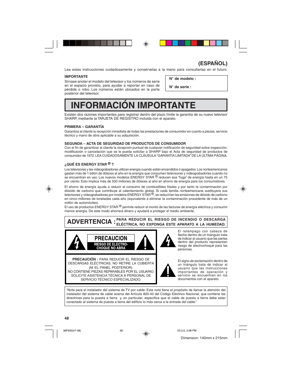 Información importante, Advertencia, Español) | Sharp 36F630 User Manual | Page 48 / 60