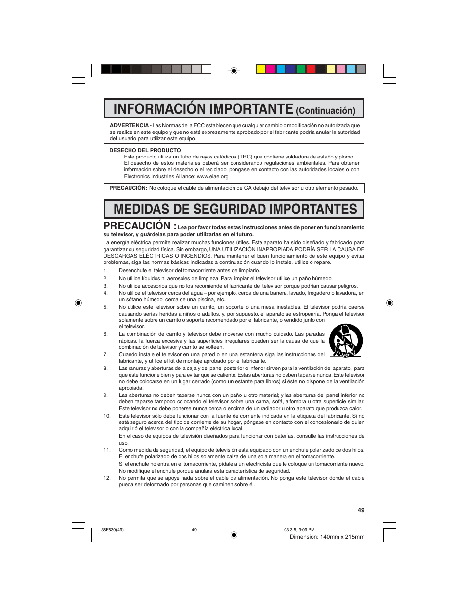 Información importante, Medidas de seguridad importantes, Precaución | Continuación) | Sharp 36F630 User Manual | Page 49 / 60