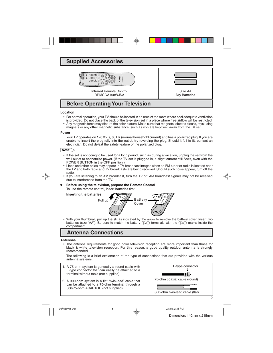 Supplied accessories, Before operating your television, Antenna connections | Sharp 36F630 User Manual | Page 5 / 60