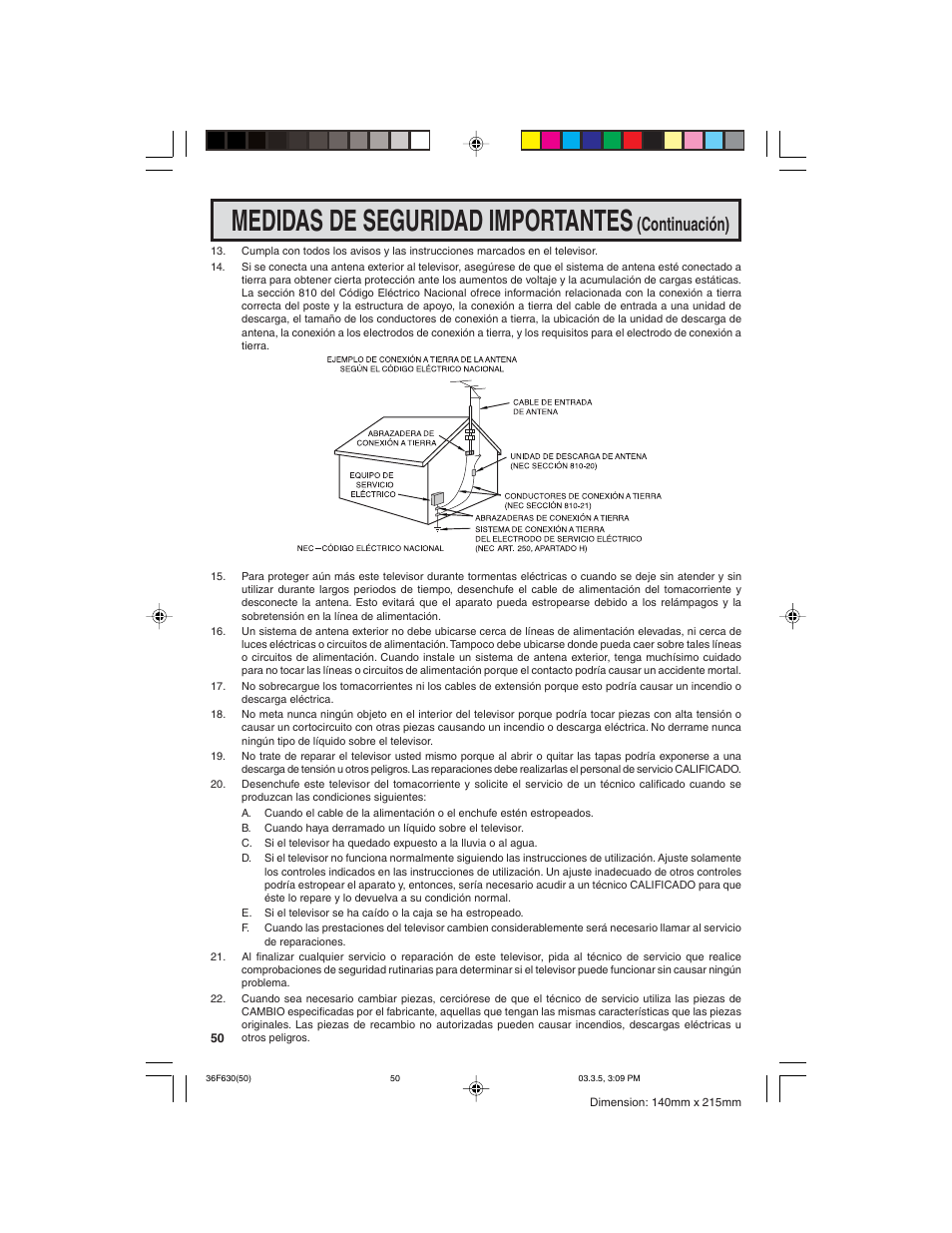 Medidas de seguridad importantes, Continuación) | Sharp 36F630 User Manual | Page 50 / 60