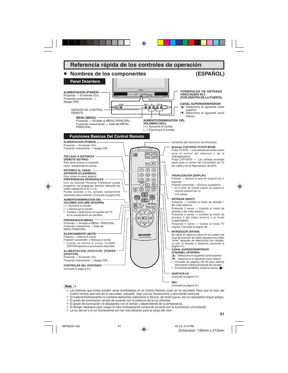 Referencia rápida de los controles de operación, Nombres de los componentes (español), Power menu – vol + ch pull-open | Panel delantero, Funciones basicas del control remoto | Sharp 36F630 User Manual | Page 51 / 60