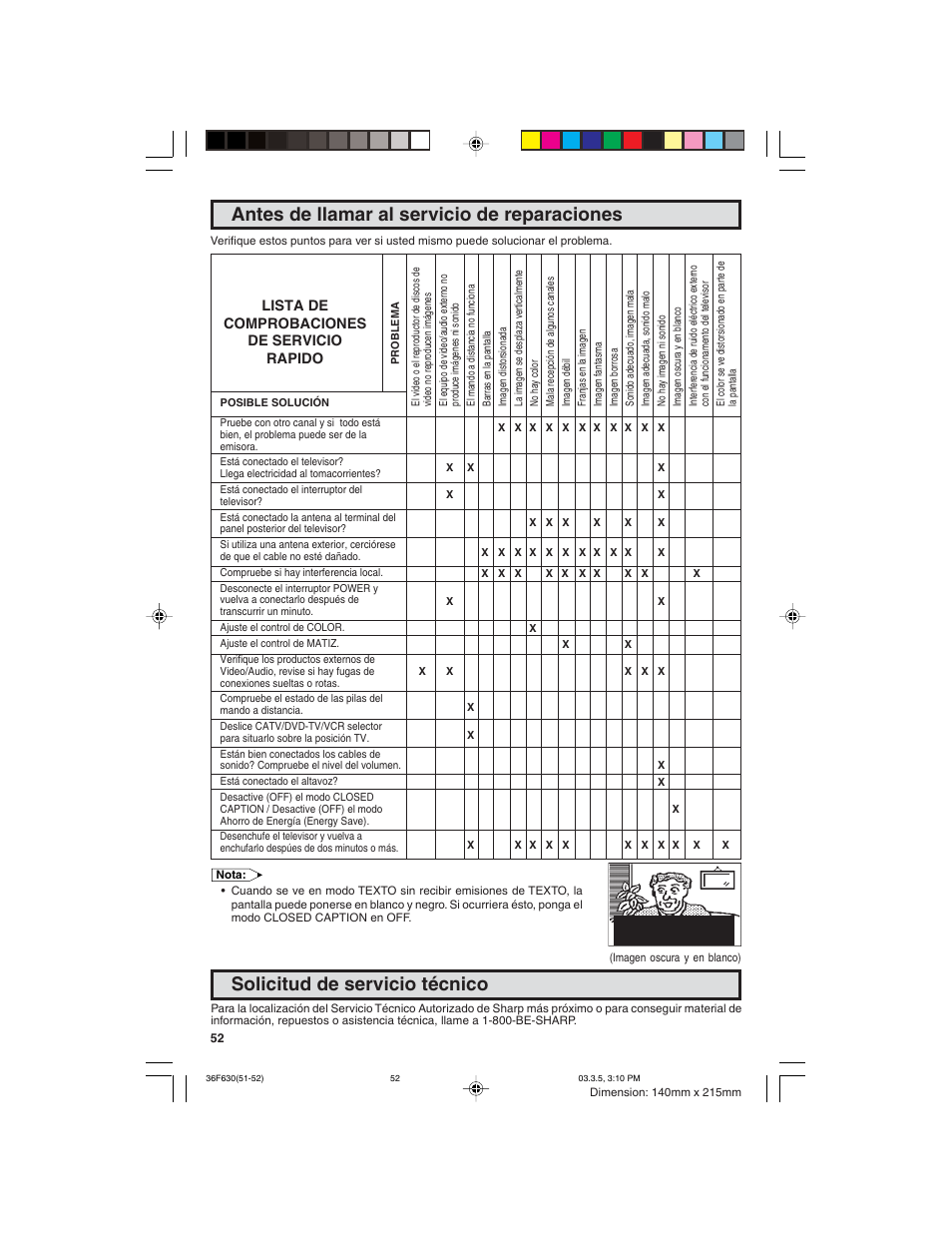 Antes de llamar al servicio de reparaciones, Solicitud de servicio técnico, Lista de comprobaciones de servicio rapido | Sharp 36F630 User Manual | Page 52 / 60