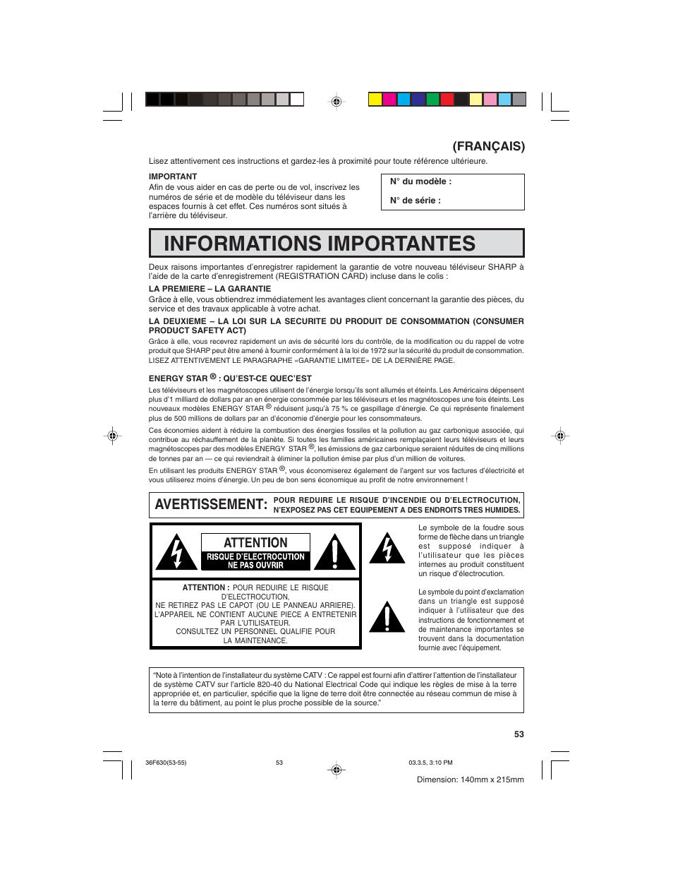 Informations importantes, Avertissement, Français) | Sharp 36F630 User Manual | Page 53 / 60