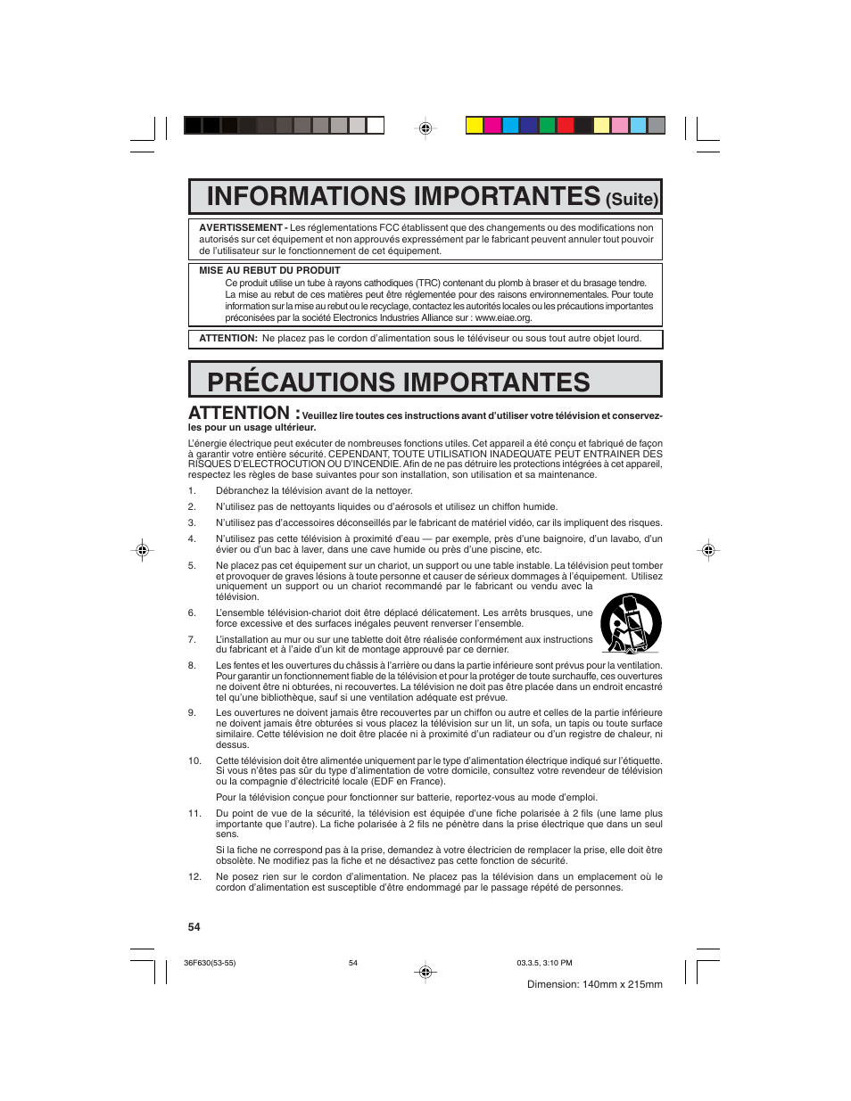 Informations importantes, Précautions importantes, Attention | Suite) | Sharp 36F630 User Manual | Page 54 / 60