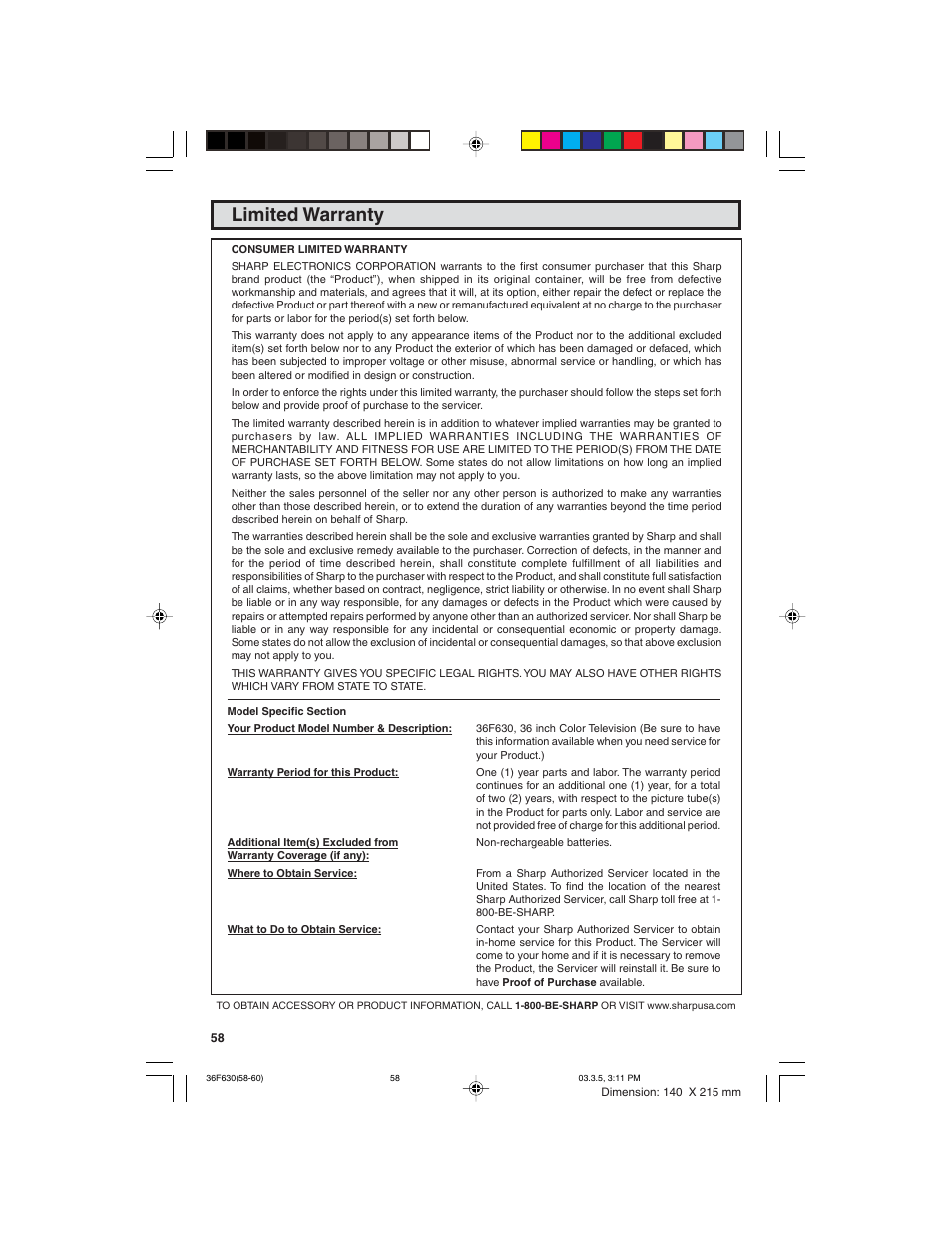 Limited warranty | Sharp 36F630 User Manual | Page 58 / 60