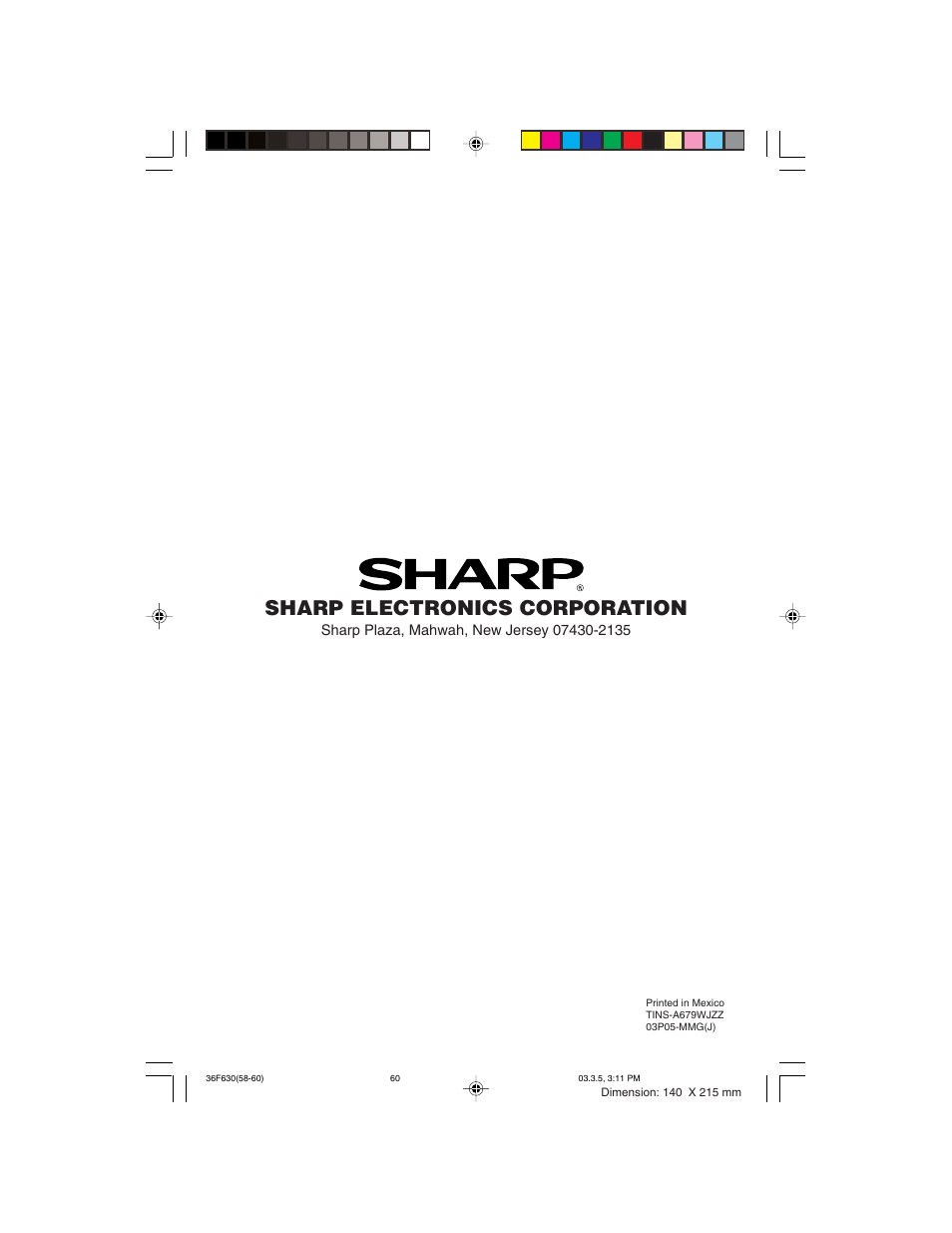 Sharp electronics corporation | Sharp 36F630 User Manual | Page 60 / 60