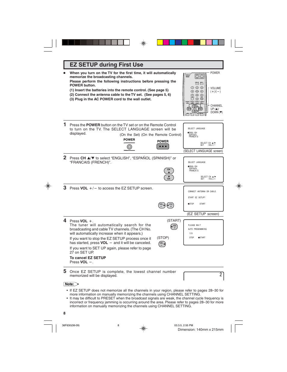 Ez setup during first use | Sharp 36F630 User Manual | Page 8 / 60