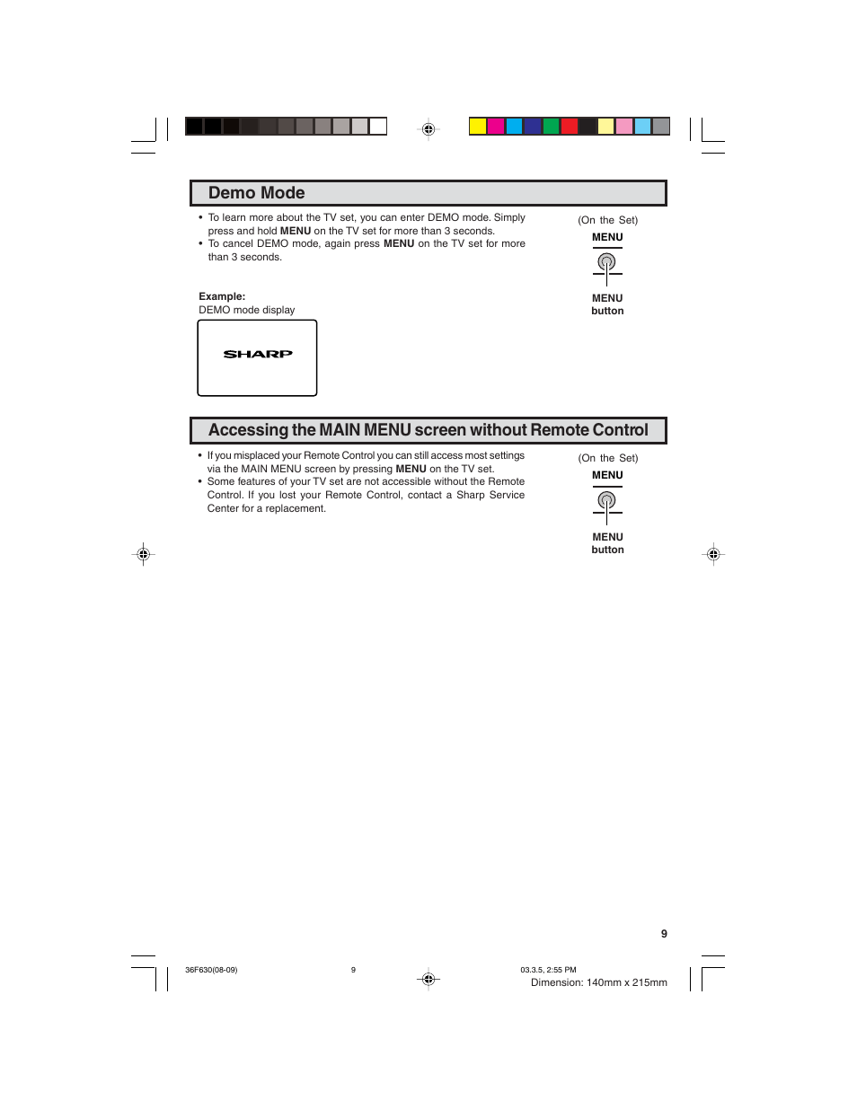 Demo mode | Sharp 36F630 User Manual | Page 9 / 60