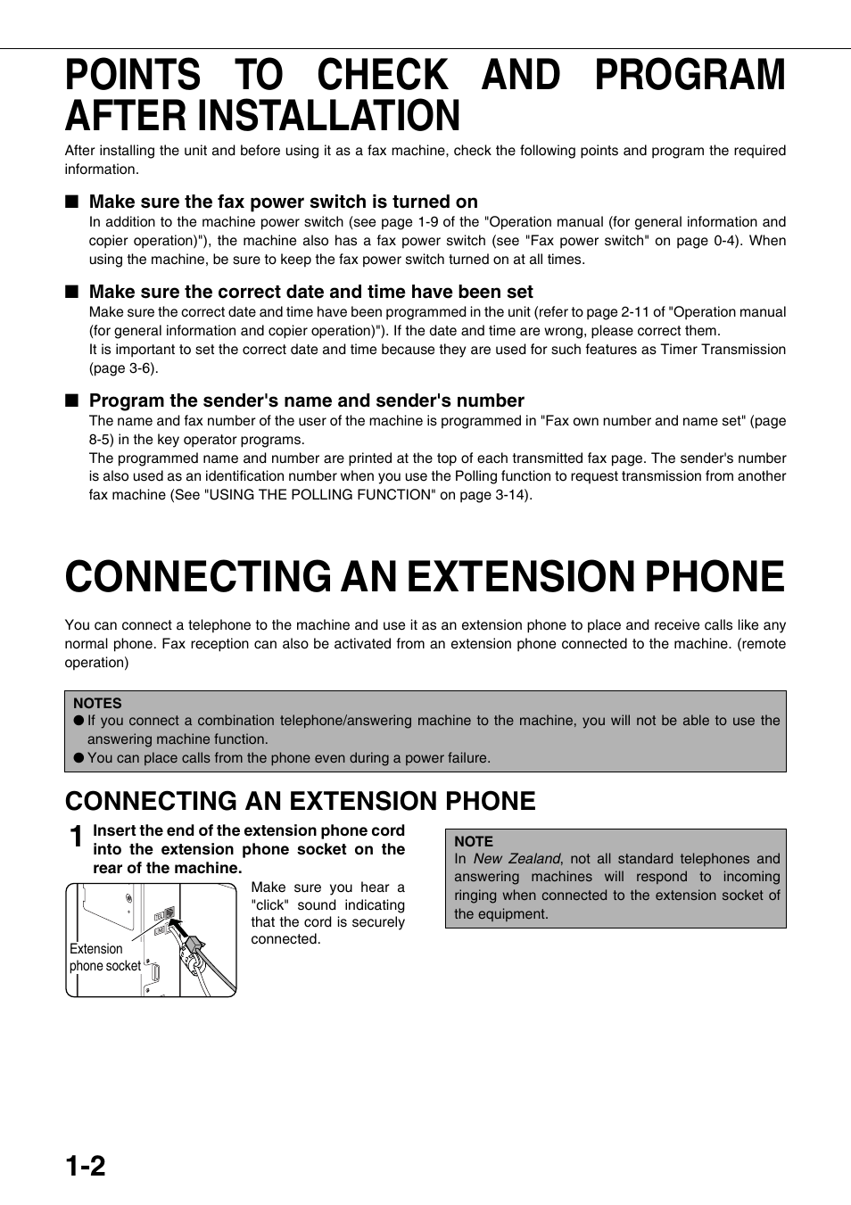 Points to check and program after, Installation, 2 connecting an extension phone | Connecting an extension phone, Points to check and program after installation | Sharp AR-FX12 User Manual | Page 10 / 104