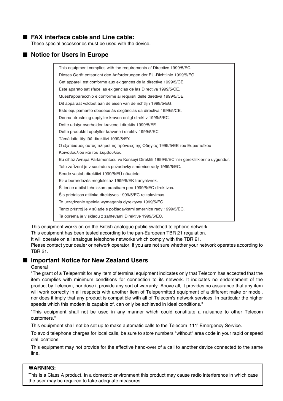 Q fax interface cable and line cable, Q notice for users in europe, Q important notice for new zealand users | Sharp AR-FX12 User Manual | Page 2 / 104