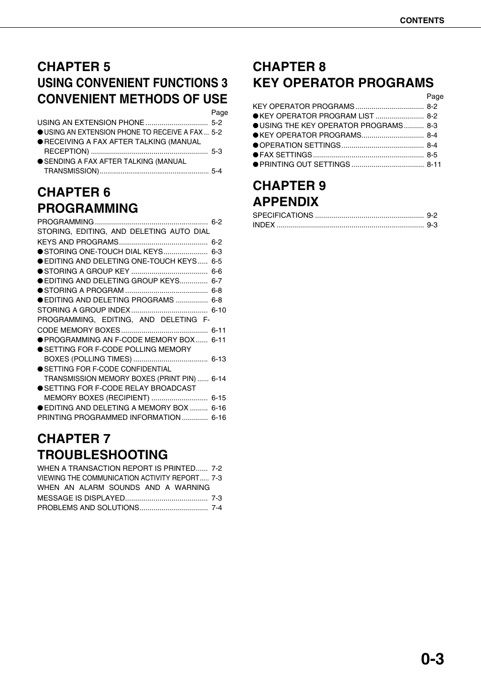 Chapter 6 programming, Chapter 7 troubleshooting, Chapter 8 key operator programs | Chapter 9 appendix | Sharp AR-FX12 User Manual | Page 5 / 104