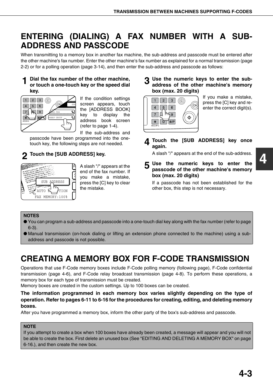 Entering (dialing) a fax number with a, Sub-address and passcode, 3 creating a memory box for f-code | Transmission, E 4-3), 3 creating a memory box for f-code transmission | Sharp AR-FX12 User Manual | Page 53 / 104