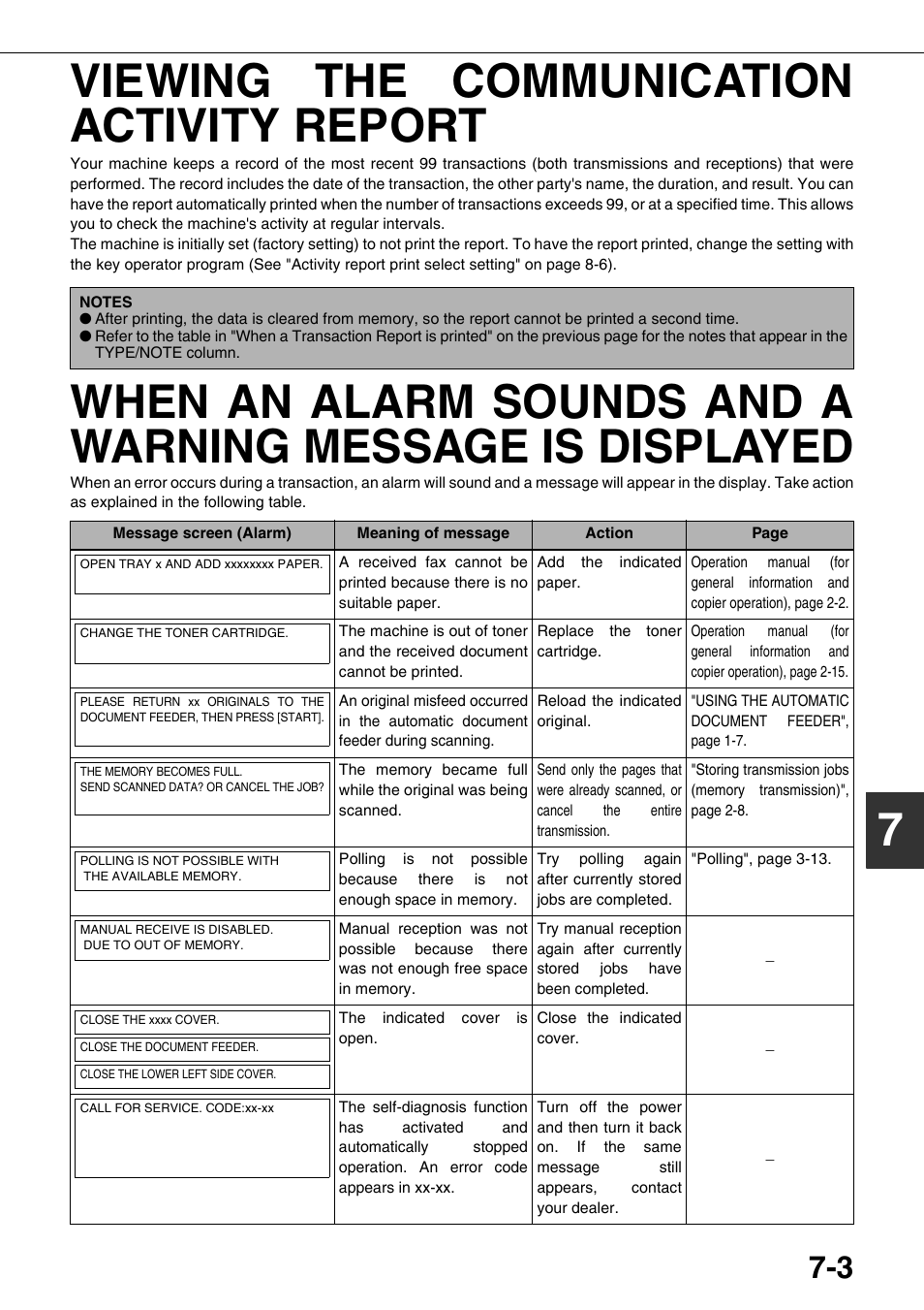 Viewing the communication activity report, Ge 7-3 to fix the pr, E 7-3) | Viewing the communication activity, Report, Ge 7-3.), 7viewing the communication activity report | Sharp AR-FX12 User Manual | Page 81 / 104