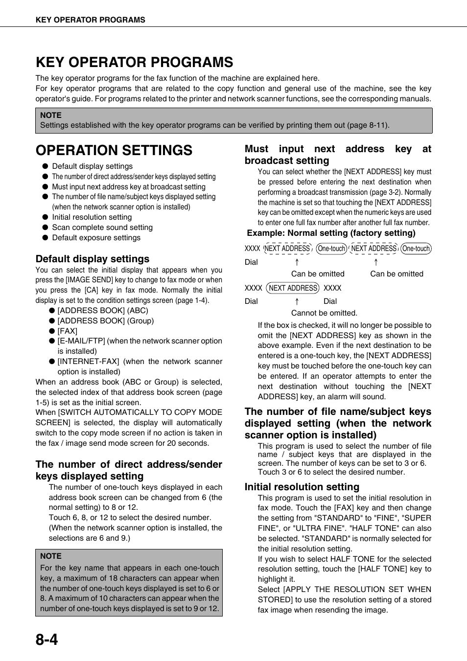 Key operator programs, 4 operation settings, With "default display settings | E 8-4), Default display settings, E 8-4, Default display, Settings, Ge 8-4), Ge 8-4.) | Sharp AR-FX12 User Manual | Page 88 / 104