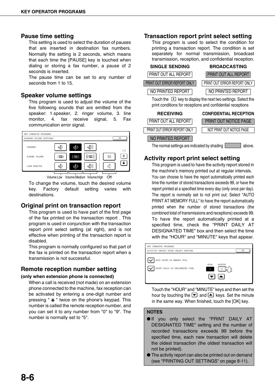 The key operator program. ("pause time setting" on, Using "transaction report print select setting, 6) in | 6 to, Transaction report print select setting" on pa, E "original print on transaction report, Activity report print select setting, Ge 8-6), Speaker volume settings, Pause time setting | Sharp AR-FX12 User Manual | Page 90 / 104