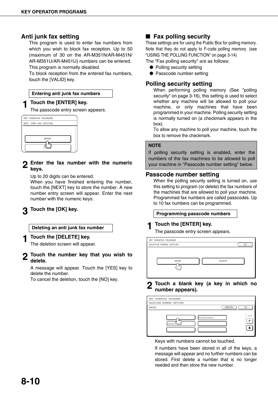 Anti junk fax setting, Fax polling security, Polling security setting | Passcode number setting | Sharp AR-FX12 User Manual | Page 94 / 104