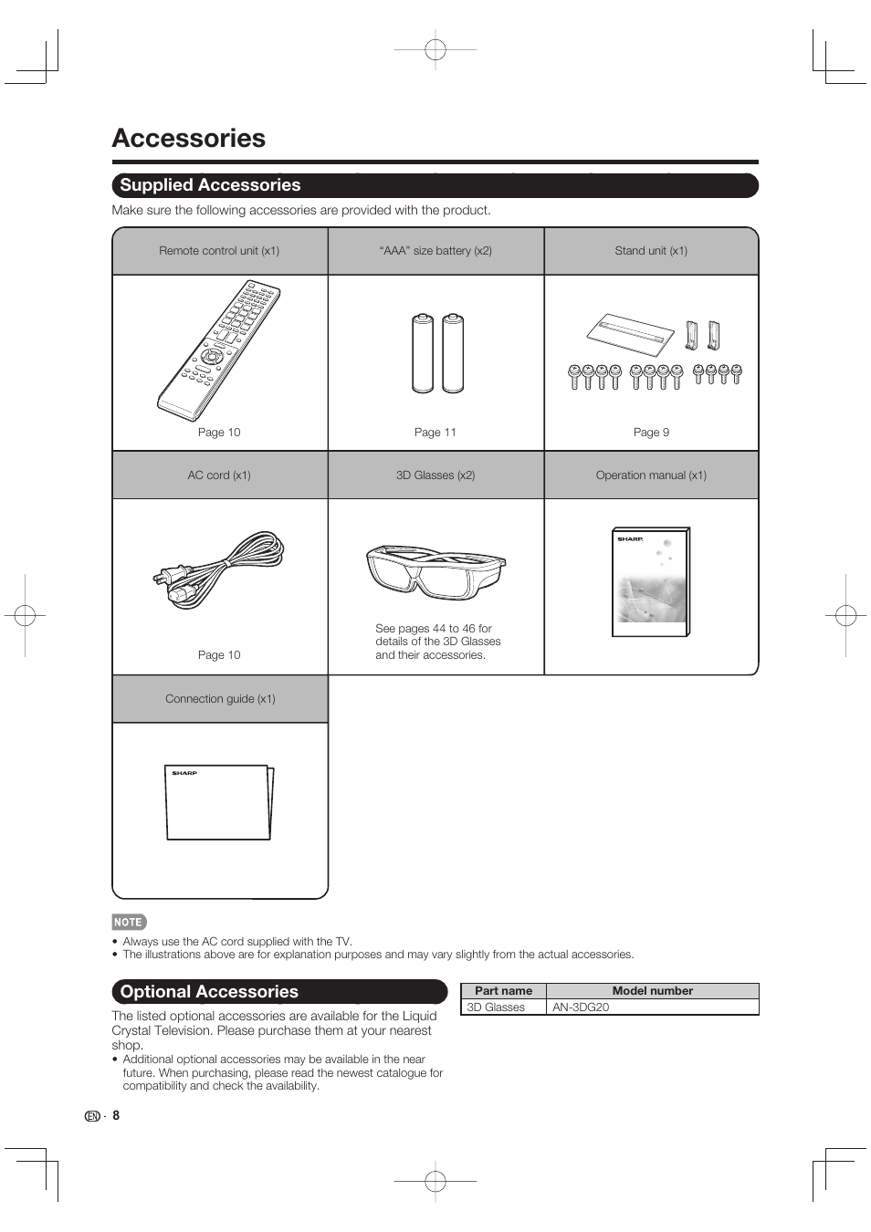 Accessories, Supplied accessories, Optional accessories | Sharp LC-90LE745U User Manual | Page 10 / 98