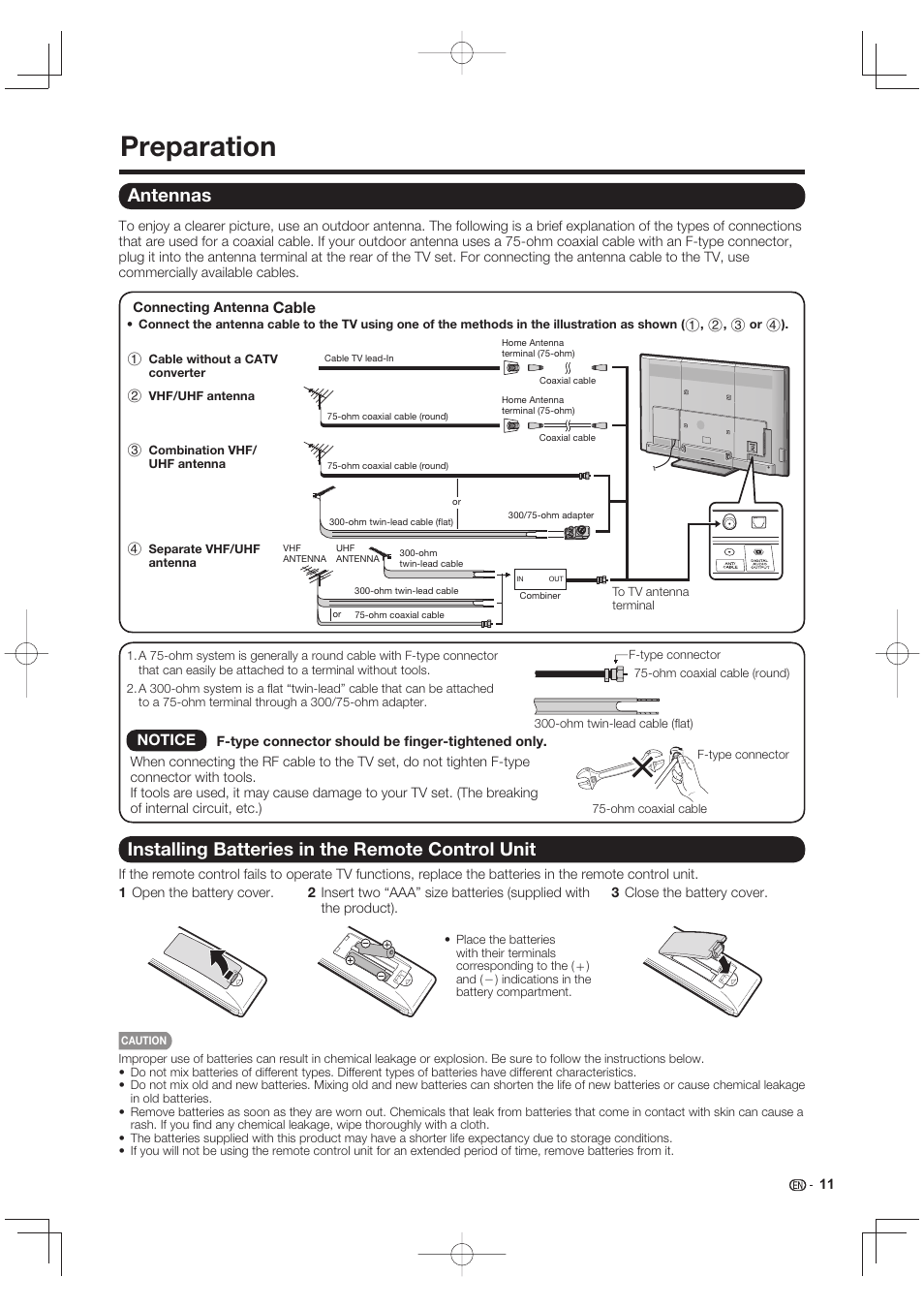 Preparation, Antennas, Installing batteries in the remote control unit | Cable | Sharp LC-90LE745U User Manual | Page 13 / 98