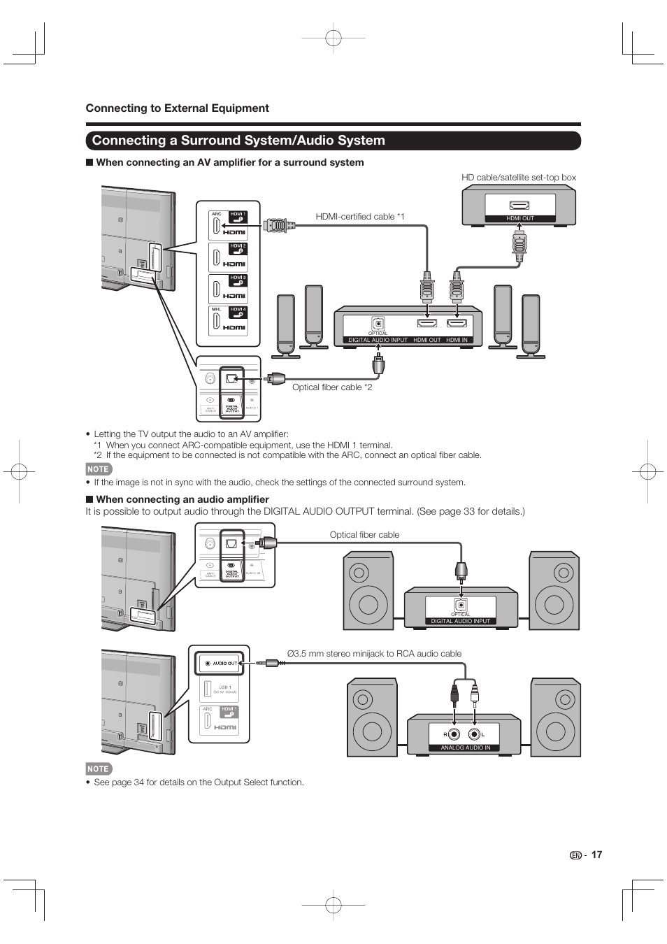 Connecting a surround system/audio system, Connecting to external equipment | Sharp LC-90LE745U User Manual | Page 19 / 98