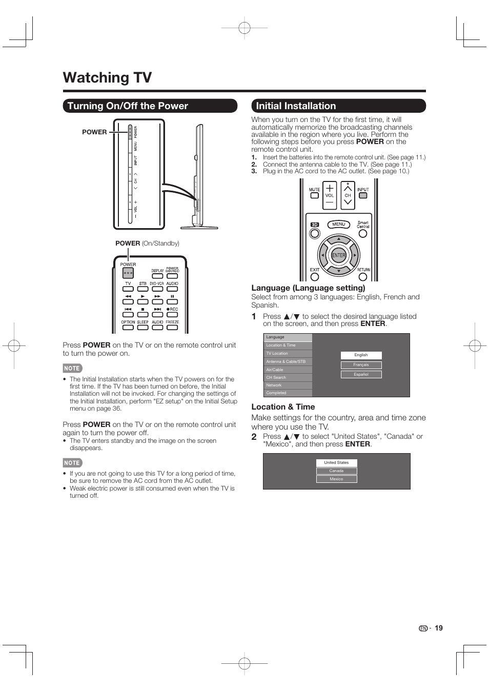 Watching tv, Turning on/off the power, Initial installation | Language (language setting) | Sharp LC-90LE745U User Manual | Page 21 / 98