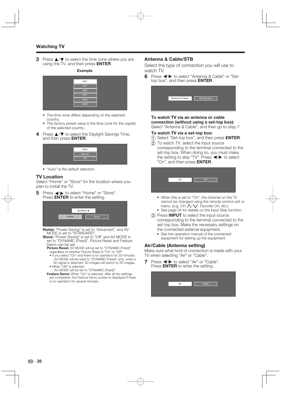 Tv location, Air/cable (antenna setting), Watching tv | Sharp LC-90LE745U User Manual | Page 22 / 98