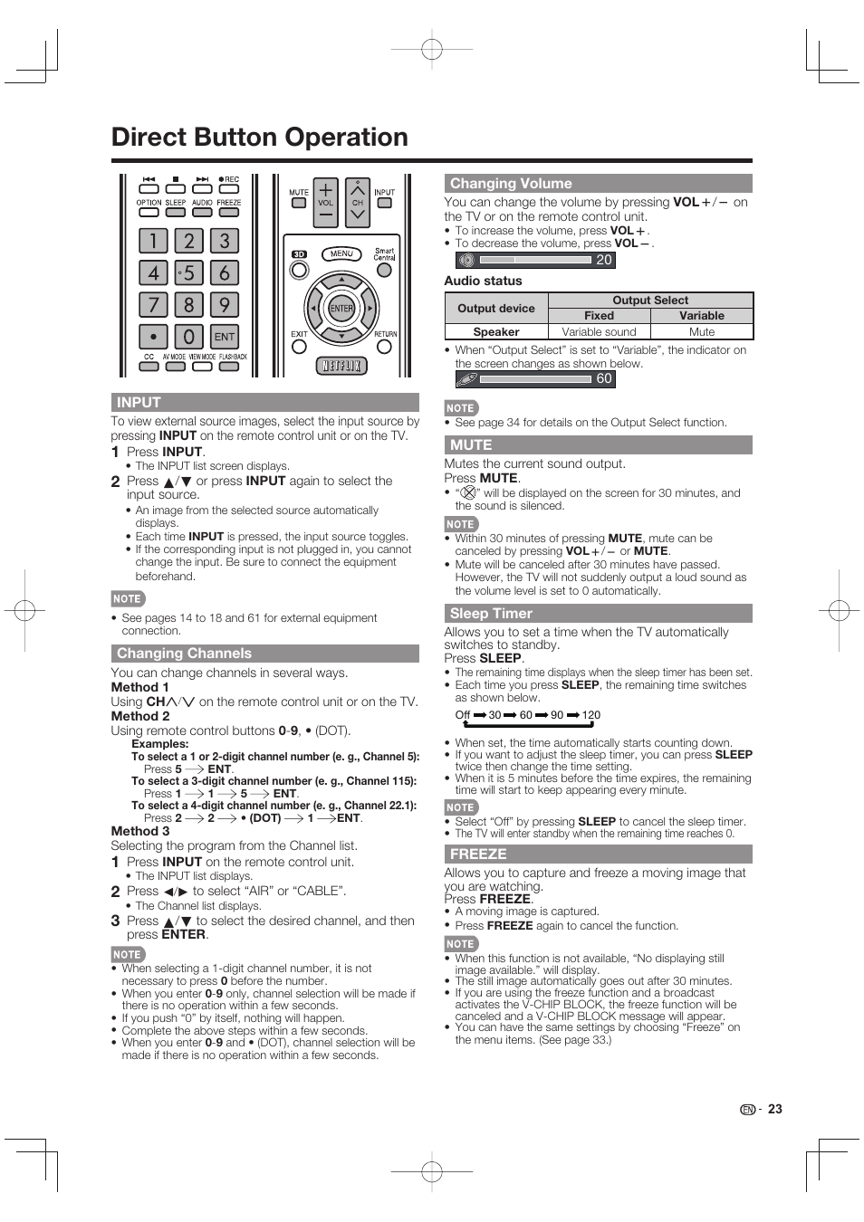Direct button operation, Input, Changing channels | Changing volume, Mute, Sleep timer, Freeze | Sharp LC-90LE745U User Manual | Page 25 / 98