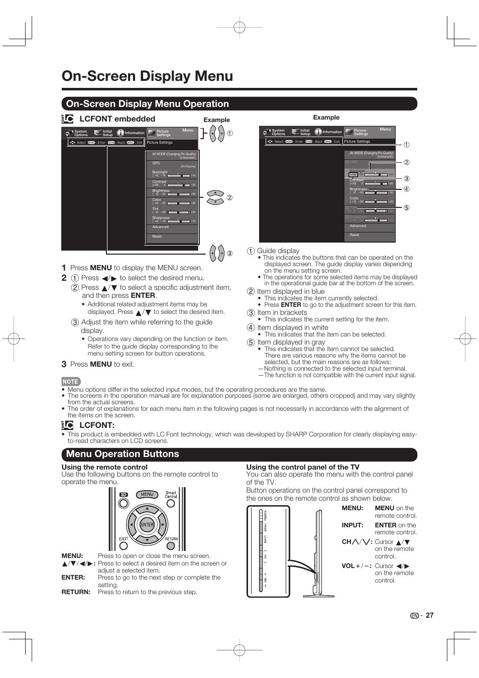 On-screen display menu, On-screen display menu operation, Menu operation buttons | Lcfont, Lcfont embedded, 27 1 guide display, 2 item displayed in blue, 3 item in brackets, 4 item displayed in white, 5 item displayed in gray | Sharp LC-90LE745U User Manual | Page 29 / 98