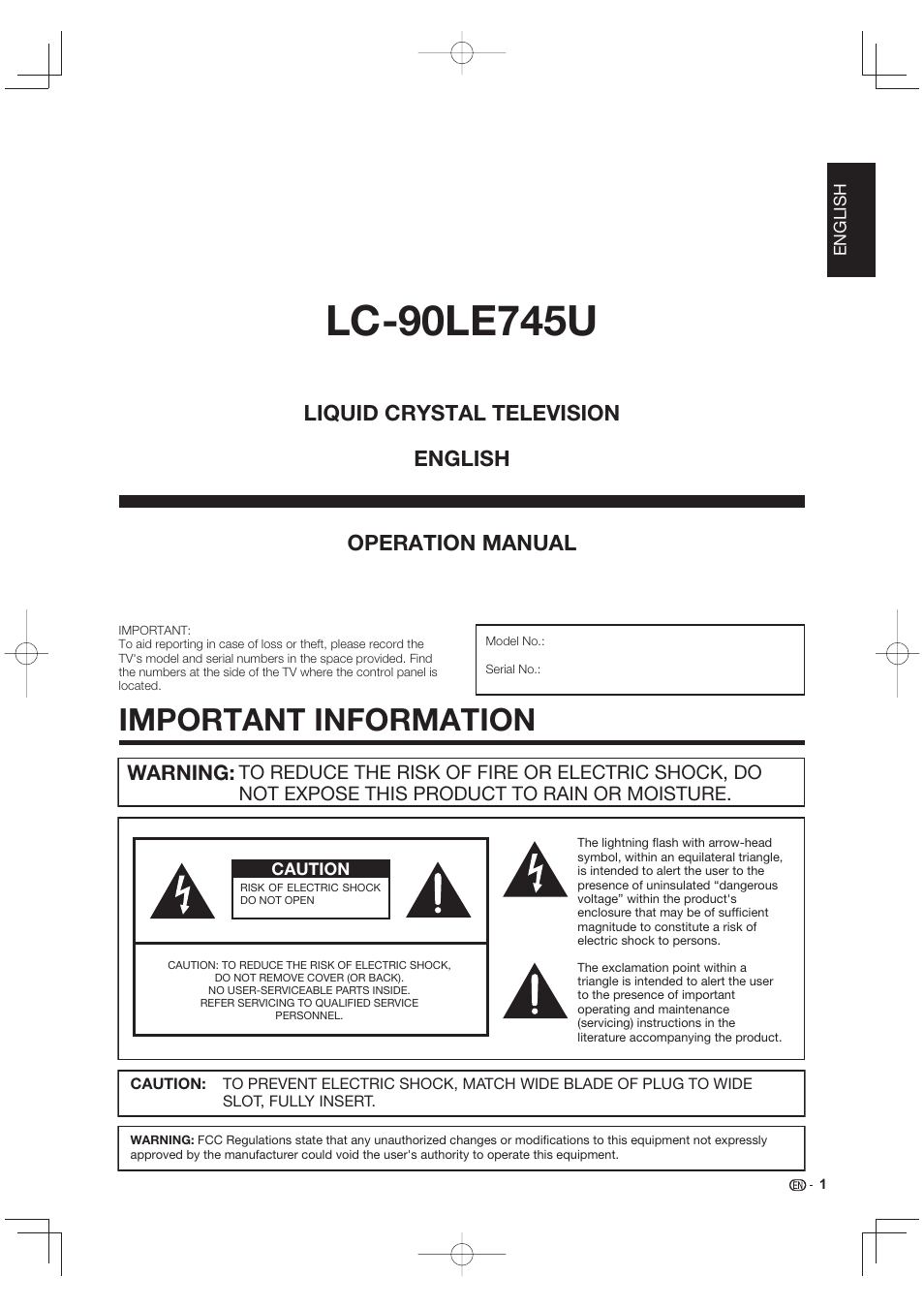 Important information, Operation manual, Liquid crystal television english | Warning | Sharp LC-90LE745U User Manual | Page 3 / 98