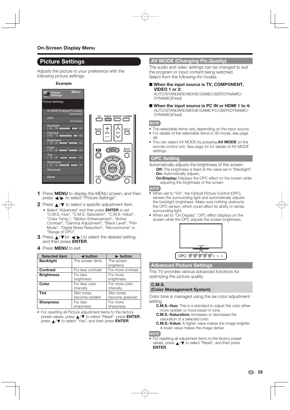 Picture settings, Opc setting, Advanced picture settings | Sharp LC-90LE745U User Manual | Page 31 / 98