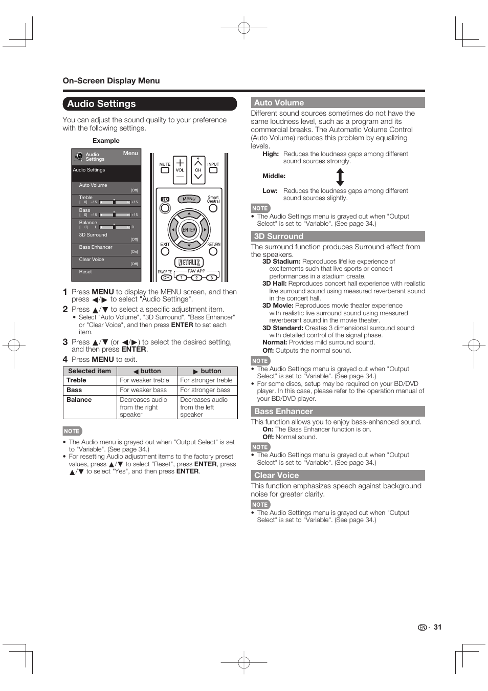 Audio settings, On-screen display menu, Auto volume | 3d surround, Bass enhancer, Clear voice | Sharp LC-90LE745U User Manual | Page 33 / 98