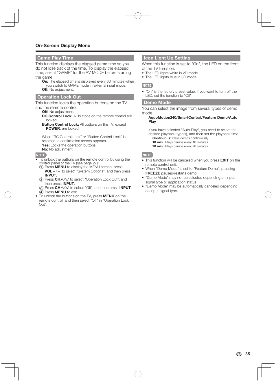 Game play time, Operation lock out, Icon light up setting | Demo mode, On-screen display menu | Sharp LC-90LE745U User Manual | Page 37 / 98