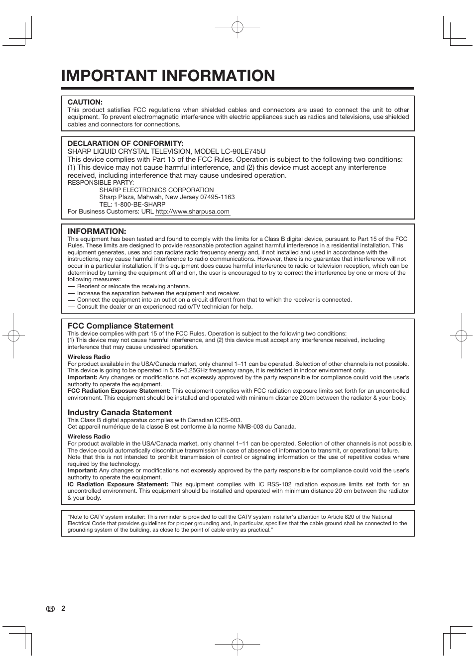 Important information | Sharp LC-90LE745U User Manual | Page 4 / 98