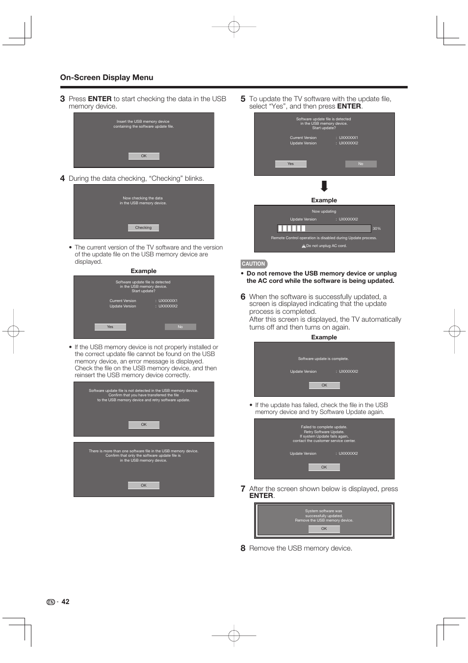 On-screen display menu, During the data checking, “checking” blinks | Sharp LC-90LE745U User Manual | Page 44 / 98