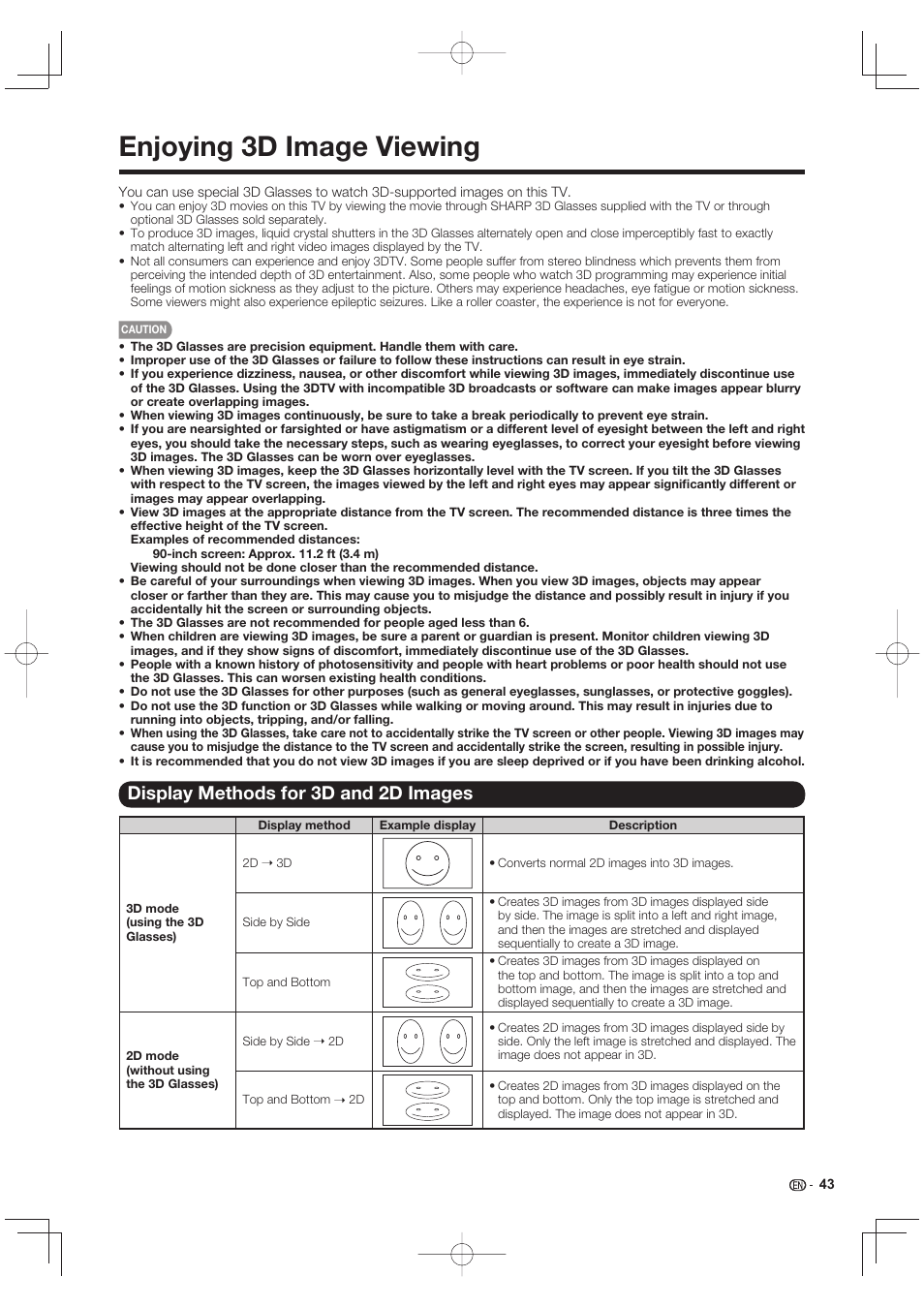 Enjoying 3d image viewing, Display methods for 3d and 2d images | Sharp LC-90LE745U User Manual | Page 45 / 98