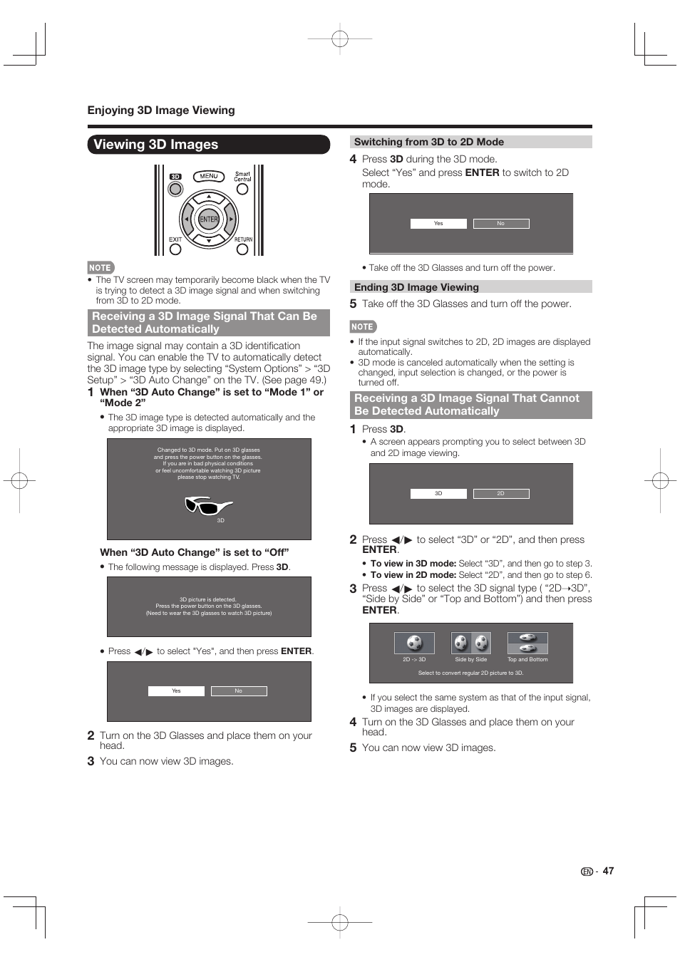Viewing 3d images, Enjoying 3d image viewing | Sharp LC-90LE745U User Manual | Page 49 / 98