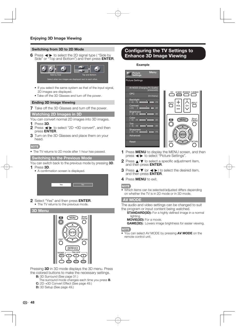 Watching 2d images in 3d, Switching to the previous mode, 3d menu | Av mode, Enjoying 3d image viewing | Sharp LC-90LE745U User Manual | Page 50 / 98