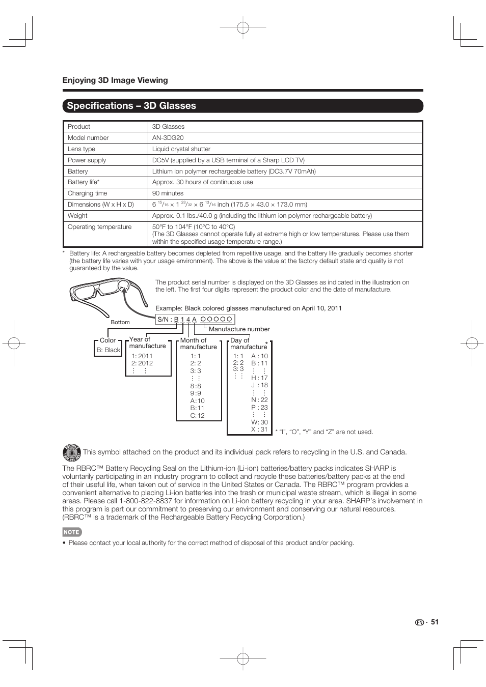 Specifications – 3d glasses, Speciﬁ cations – 3d glasses, Enjoying 3d image viewing | Sharp LC-90LE745U User Manual | Page 53 / 98