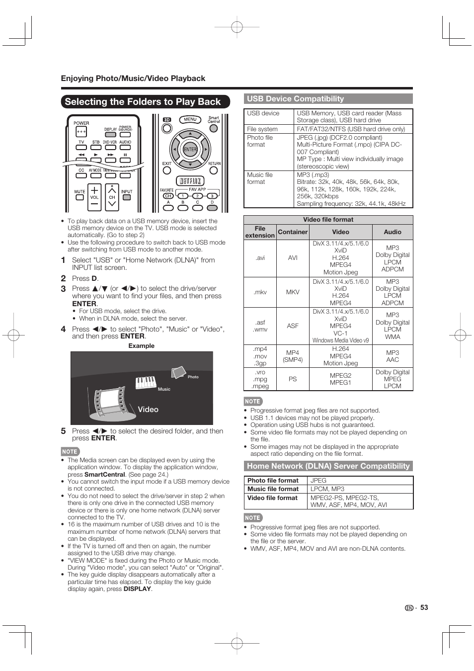 Selecting the folders to play back, Usb device compatibility, Home network (dlna) server compatibility | Enjoying photo/music/video playback | Sharp LC-90LE745U User Manual | Page 55 / 98