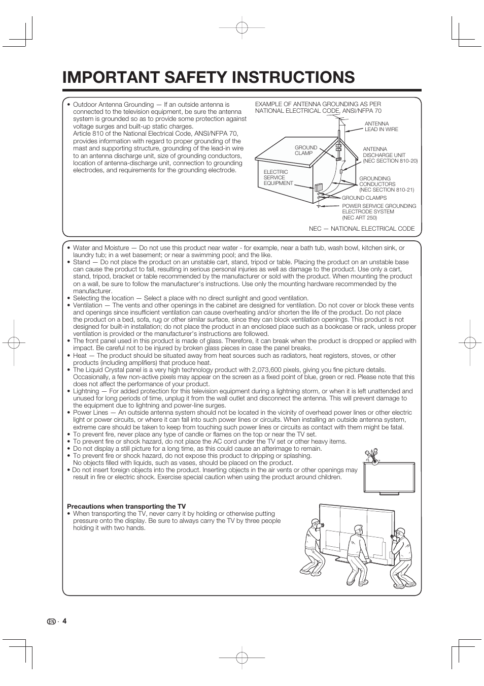 Important safety instructions | Sharp LC-90LE745U User Manual | Page 6 / 98
