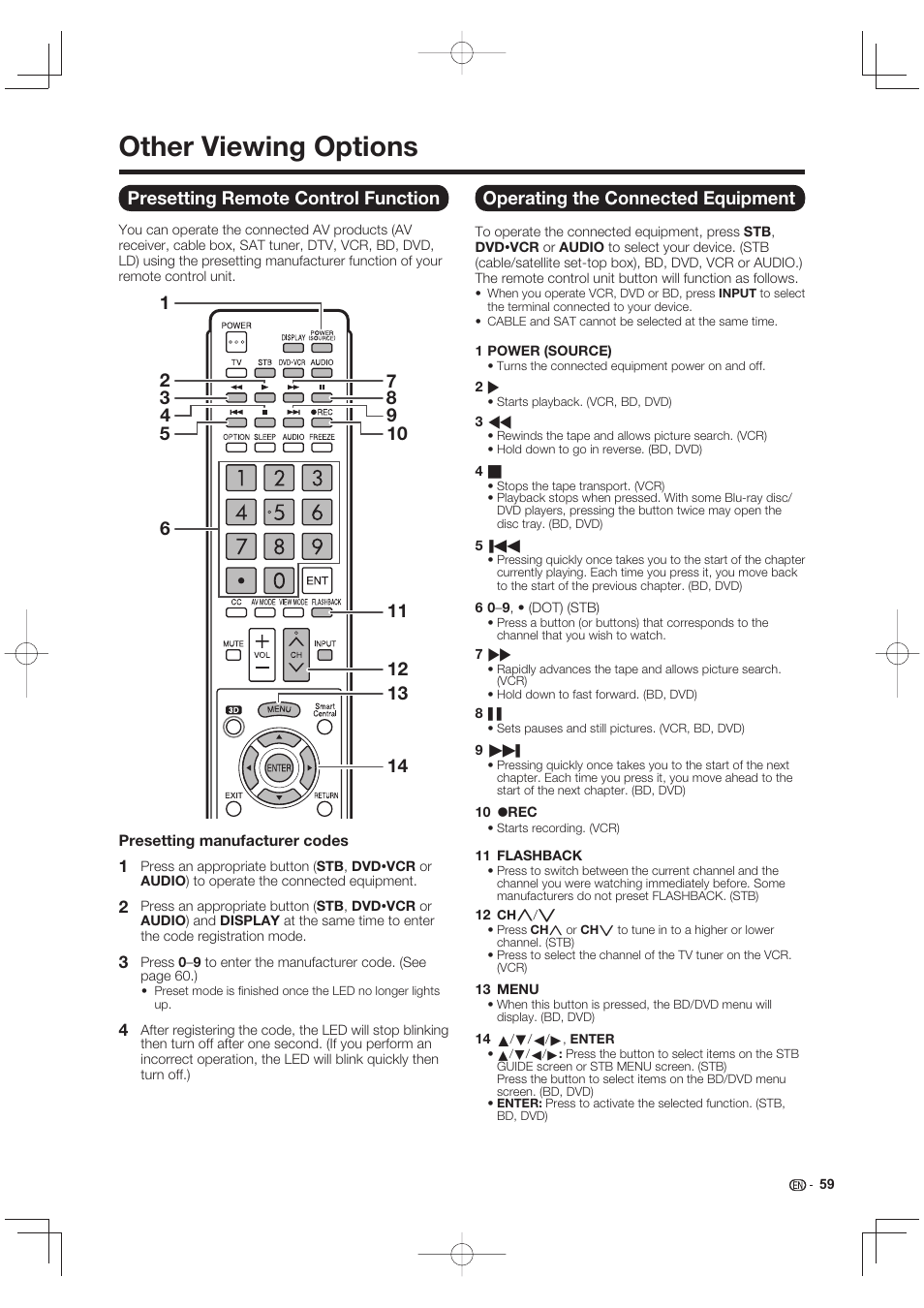 Other viewing options, Presetting remote control function, Operating the connected equipment | Sharp LC-90LE745U User Manual | Page 61 / 98