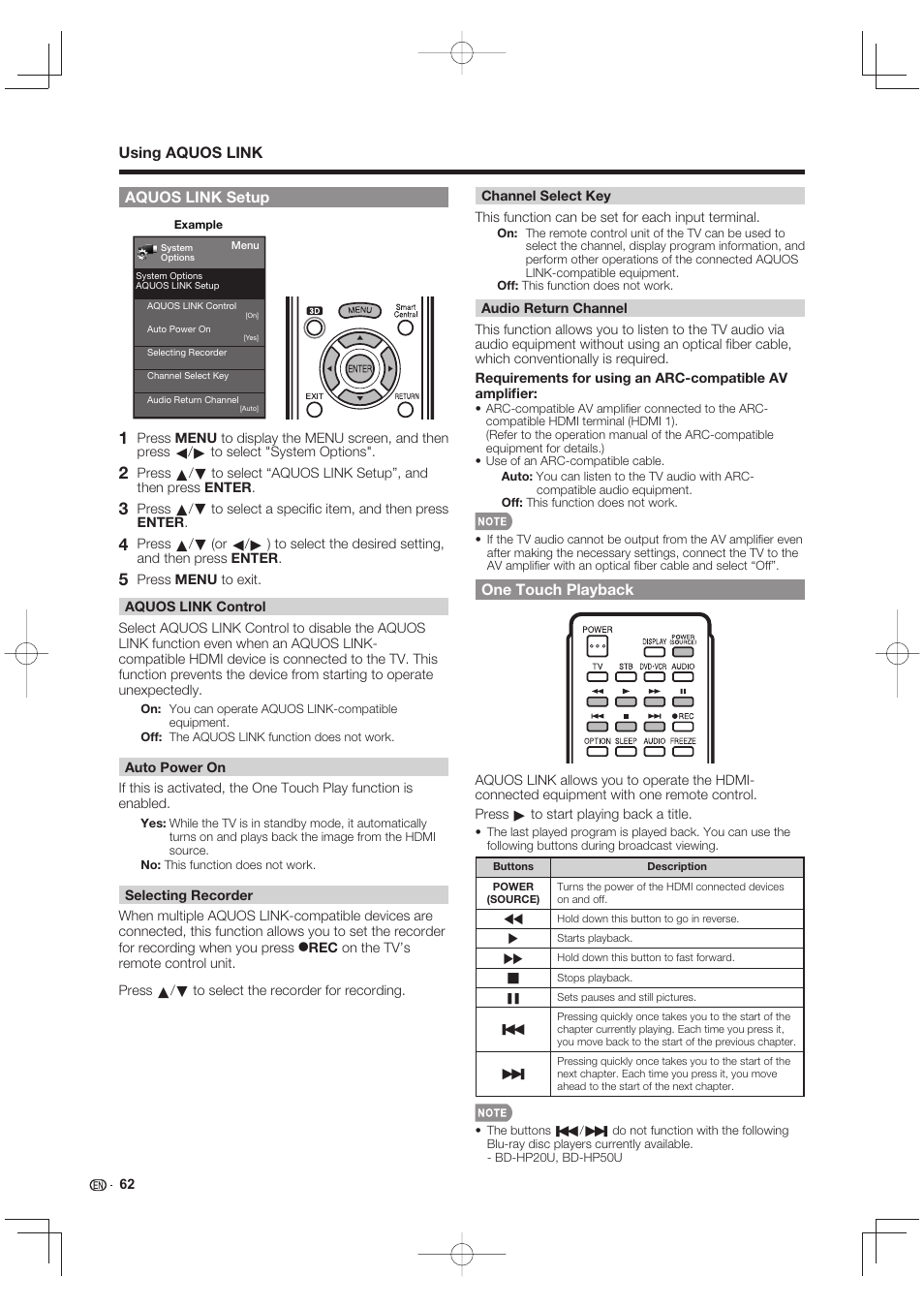 Aquos link setup, Using aquos link, One touch playback | Sharp LC-90LE745U User Manual | Page 64 / 98