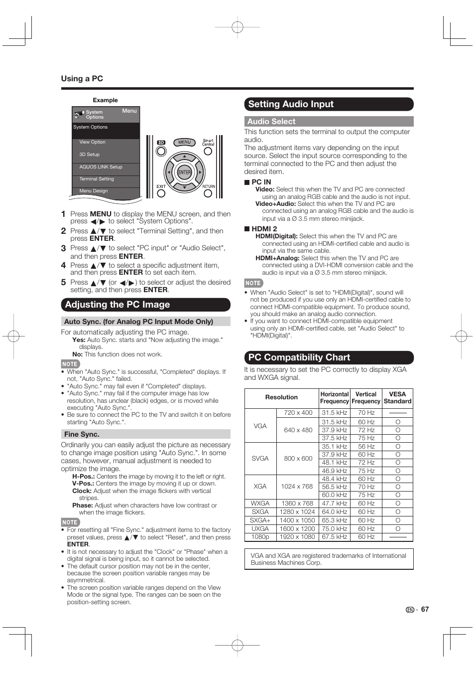 Adjusting the pc image, Setting audio input, Pc compatibility chart | Sharp LC-90LE745U User Manual | Page 69 / 98
