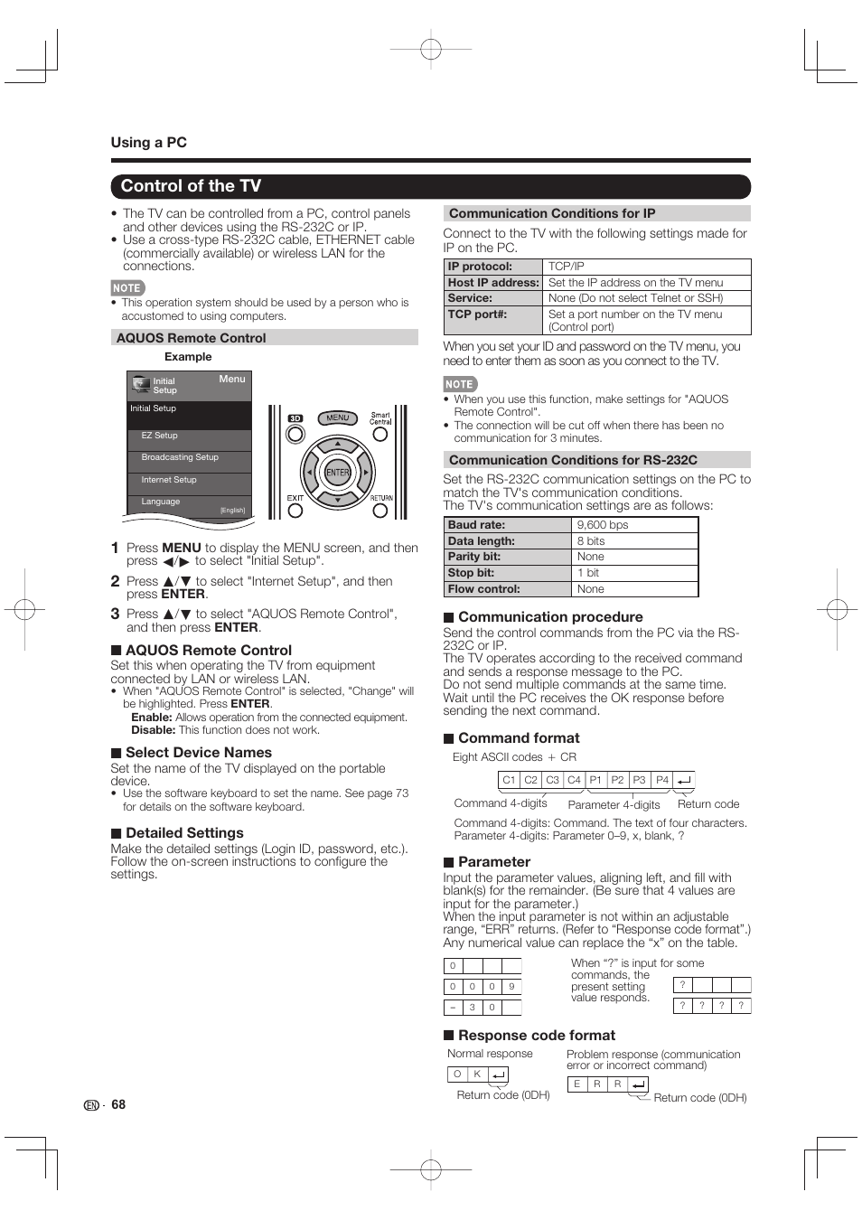 Control of the tv, Aquos remote control, Select device names | Detailed settings, Using a pc, Communication procedure, Command format, Parameter, Response code format | Sharp LC-90LE745U User Manual | Page 70 / 98