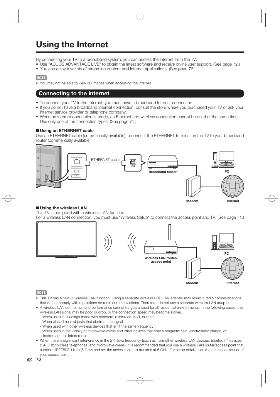 Using the internet, Connecting to the internet | Sharp LC-90LE745U User Manual | Page 72 / 98