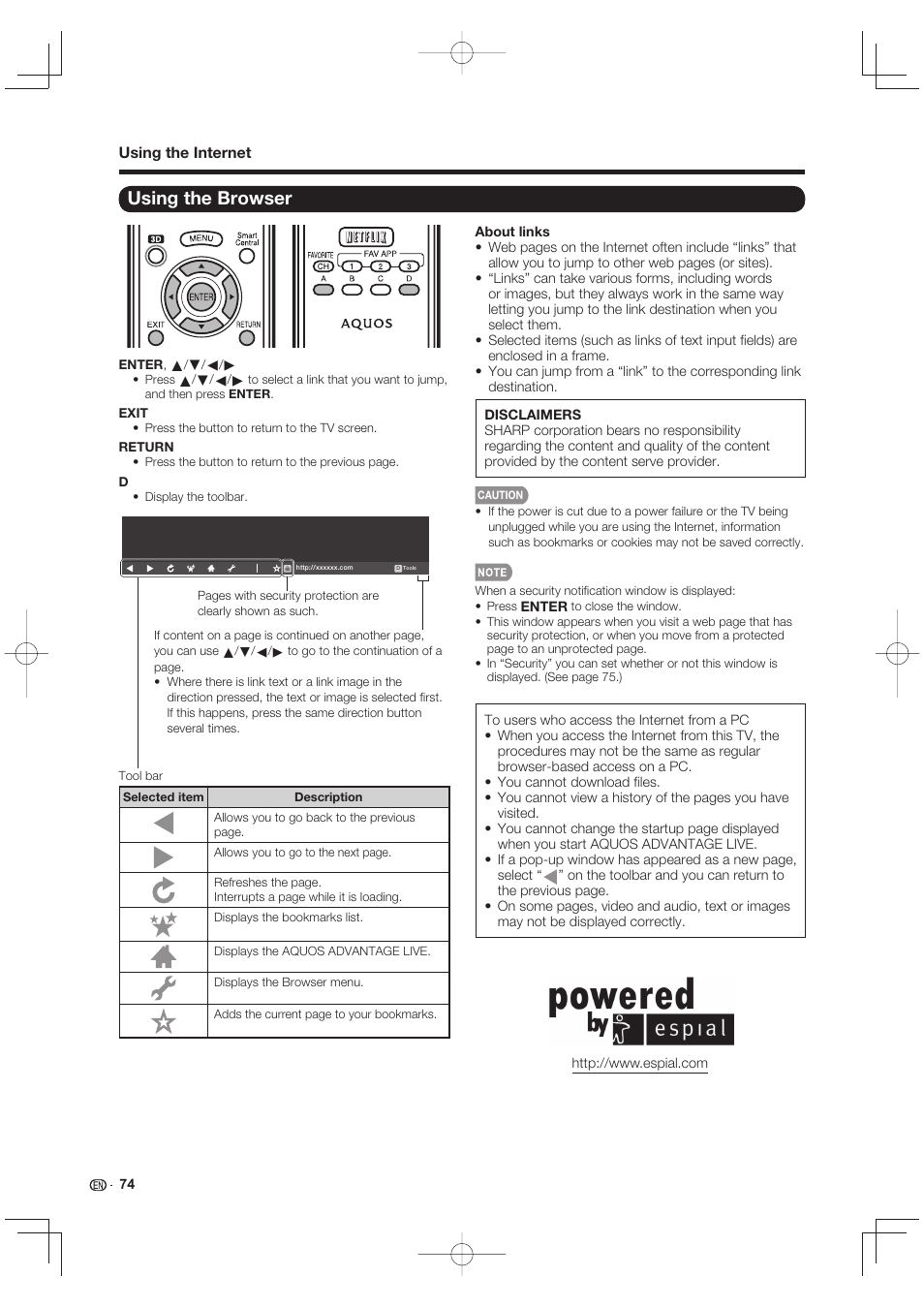 Using the browser | Sharp LC-90LE745U User Manual | Page 76 / 98